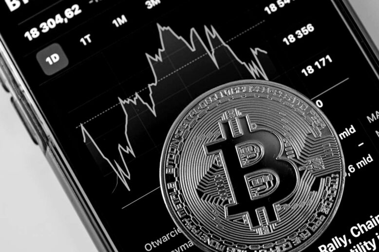 A black and white snapshot the price of Bitcoin over time - a currency sold on Coinbase